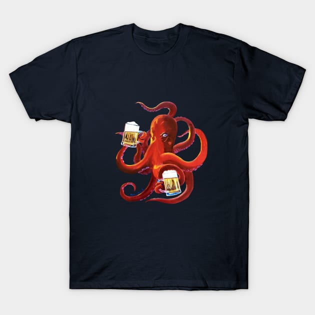 Octopus Painting, Red Octopus Drinking Beer, Animals and Beer, Octopus Art, Dining Room Painting, Funny Beer Poster, Man Cave Bar Beer Decor T-Shirt by realartisbetter